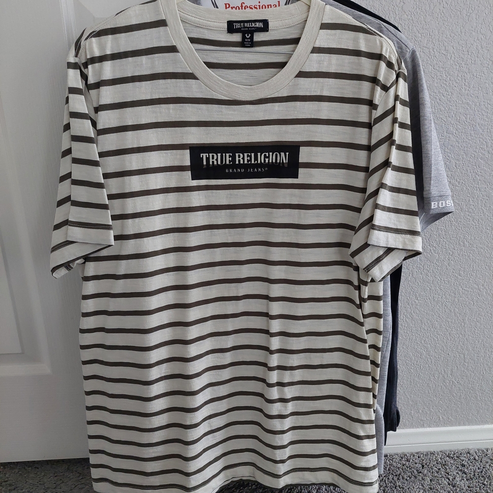True Religion Black and White Striped Short Sleeve Tee